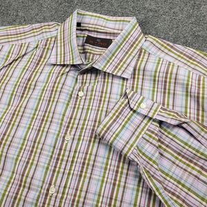 Etro Milano Dress Shirt Mens 46 Button Up Multicolor Plaid Italy Pink Green Blue